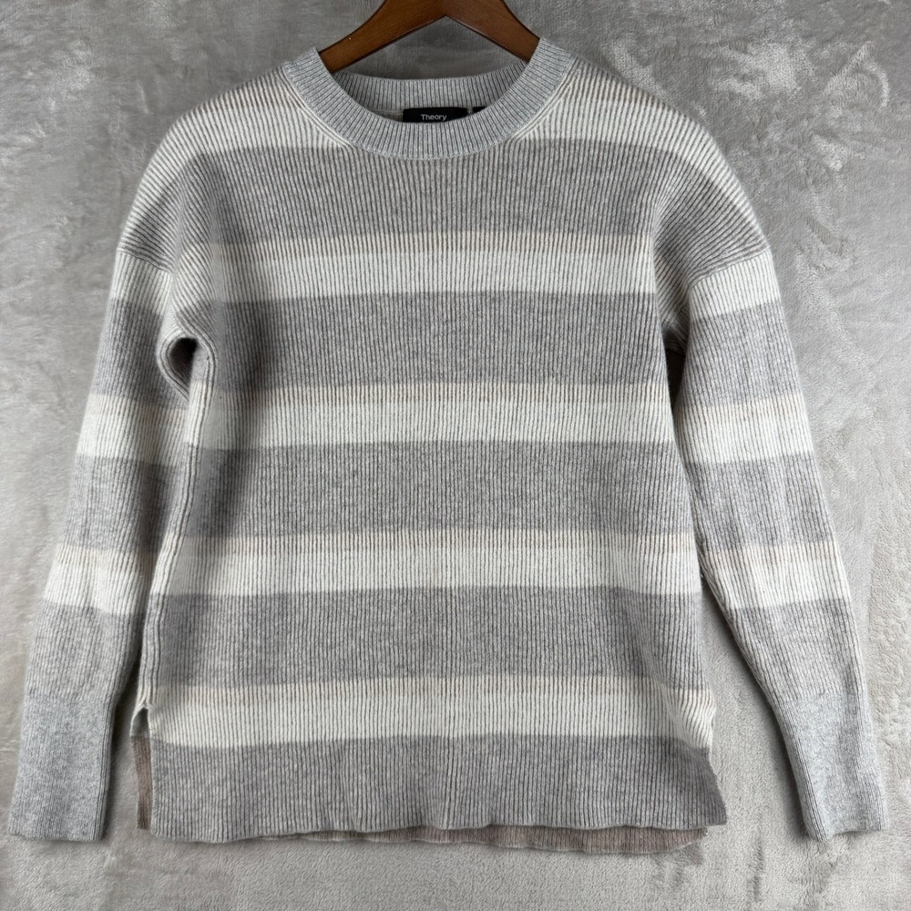 Theory Karenia Ribbed‎ Striped Cashmere Sweater Grey Cream P K108701R Womens